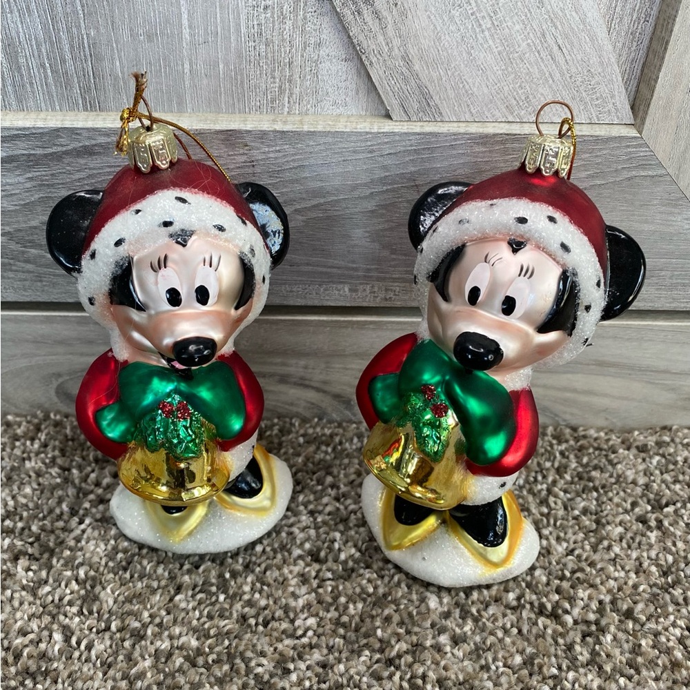 Two Santa Best Glass Minnie Mouse Disney Christmas Holiday Bell Ornament 5" Pair